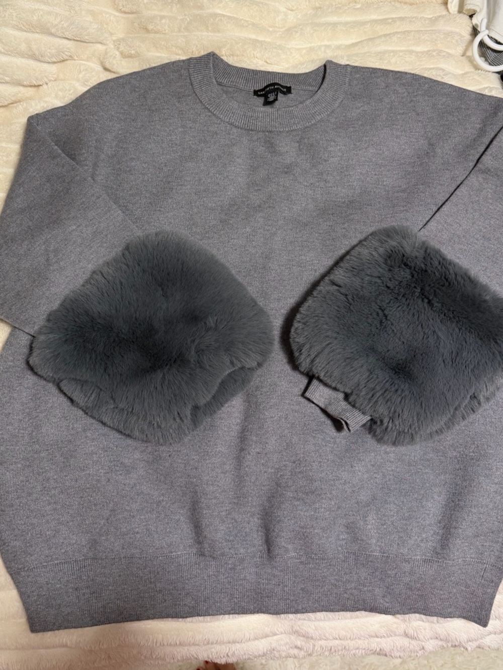 Saks Fifth Avenue Gray Knit Sweater with Plush Fur Cuffs